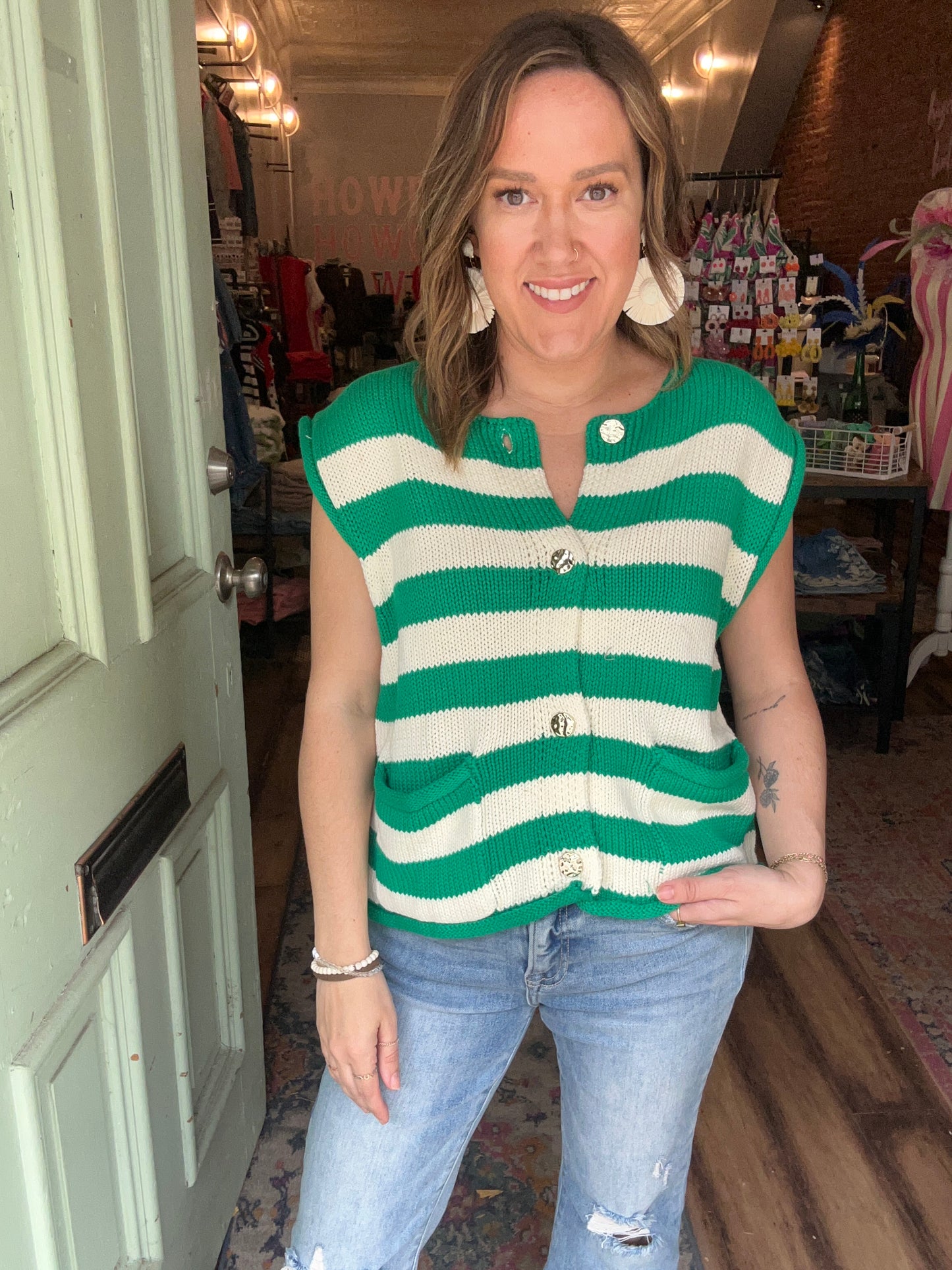 Green button down sweater vest