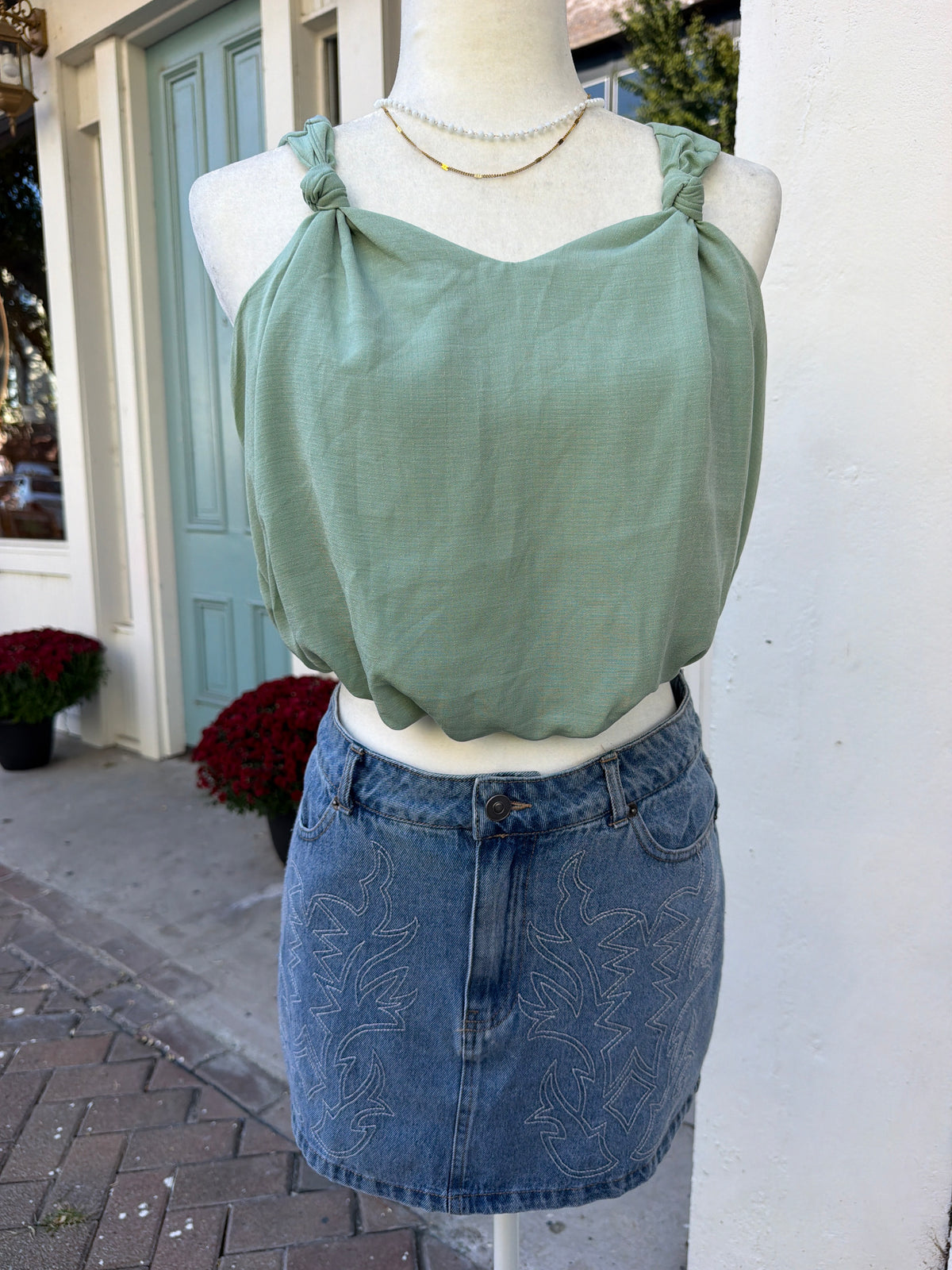 Sage cropped bubble hem tank