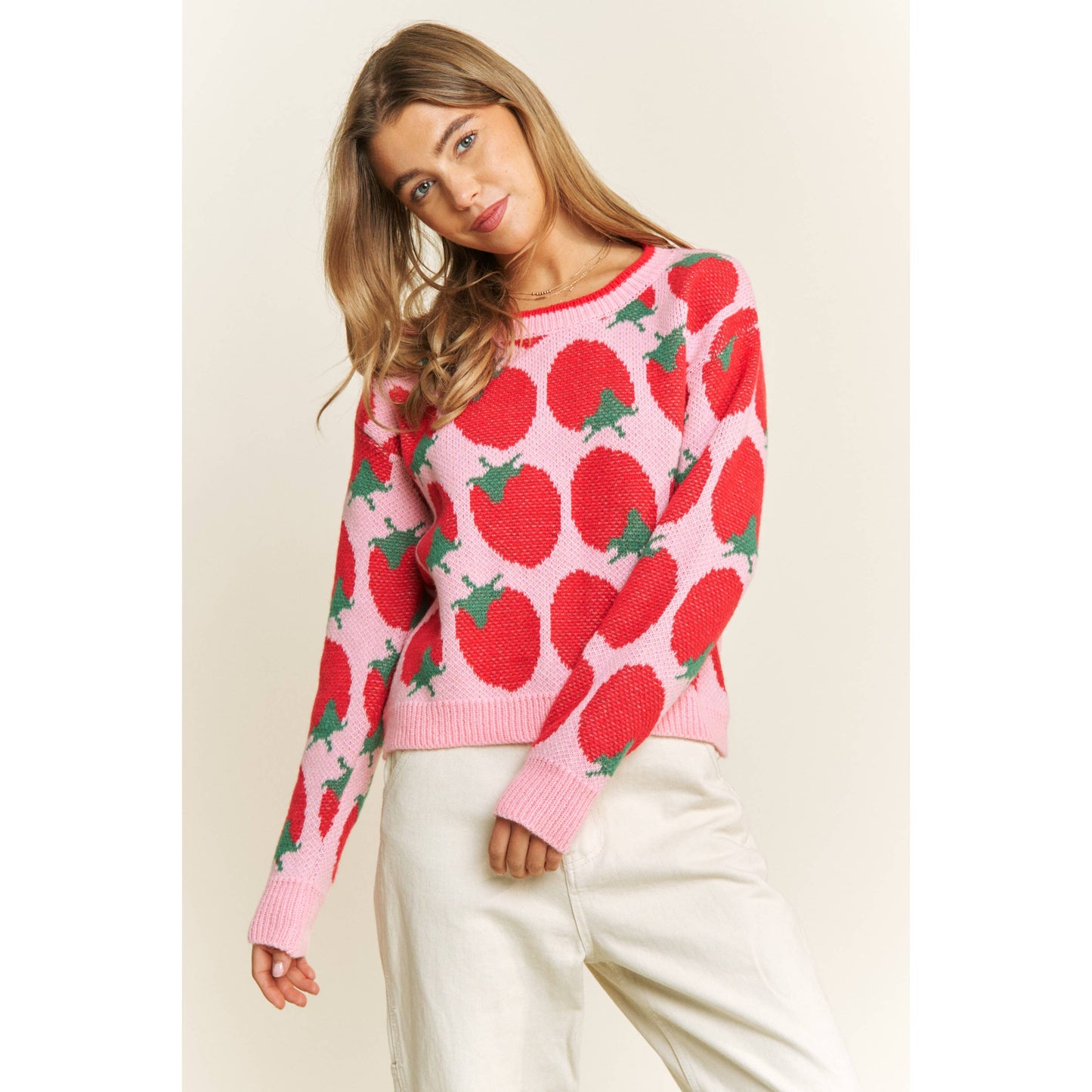 CUTE STRAWBERRY JACQUARD CASUAL PULLOVER SWEATER