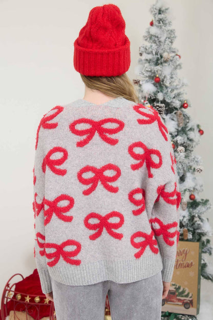 BOW PATTERN BUTTON DOWN KNIT CARDIGAN