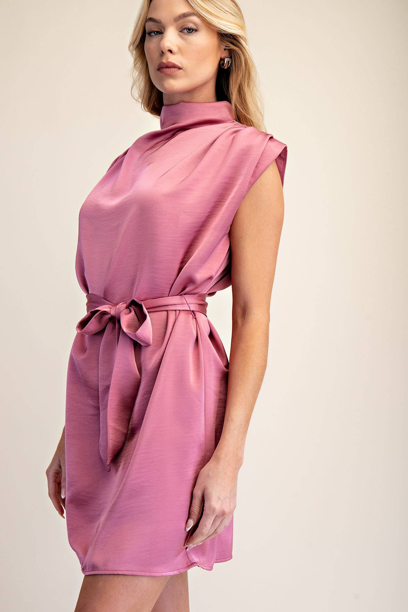 Mock Neck Waist Tie Sleeveless Mini Dress
