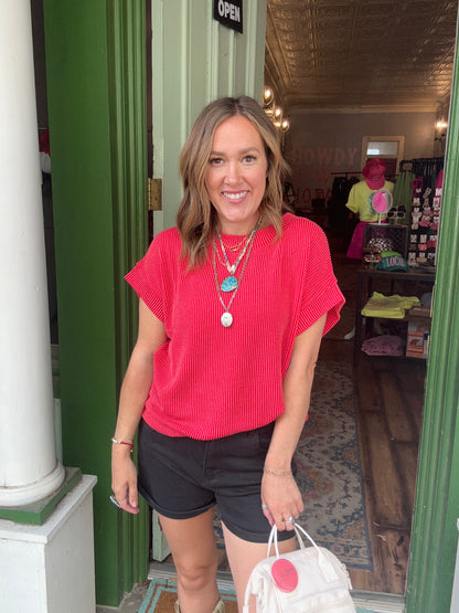 3 COLORS! Raised Rib Cap Sleeve Top