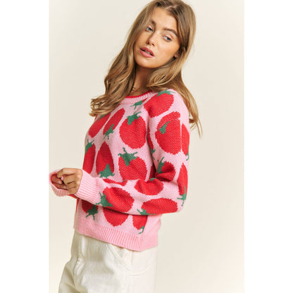 CUTE STRAWBERRY JACQUARD CASUAL PULLOVER SWEATER