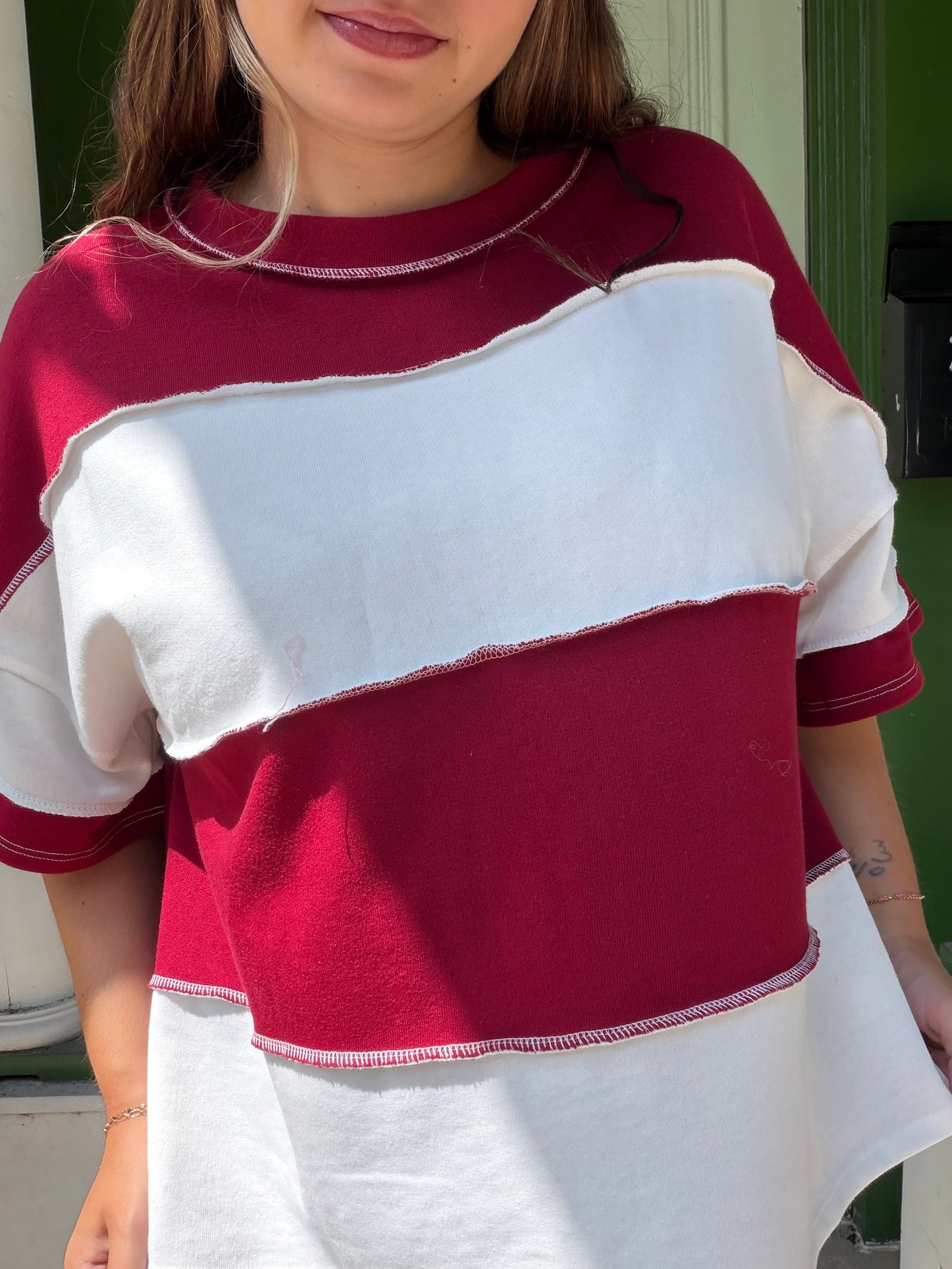 French Terry cloth color block exposed seam top