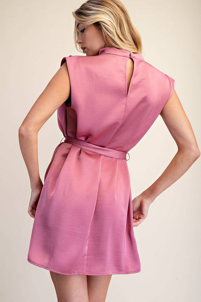 Mock Neck Waist Tie Sleeveless Mini Dress