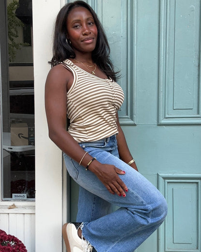 Striped & Solid Button Down Fitted Knit Tank Top