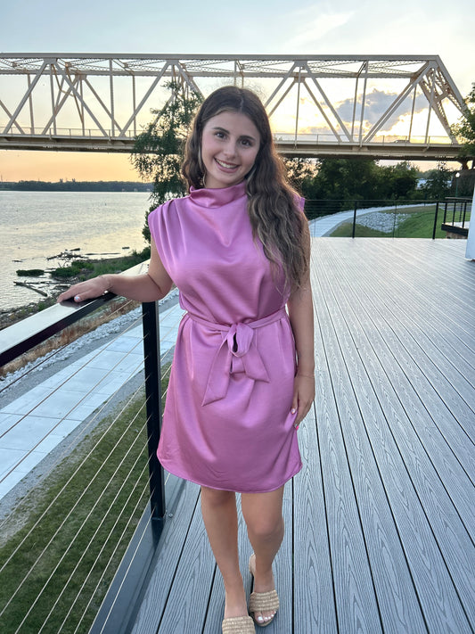 Mock Neck Waist Tie Sleeveless Mini Dress