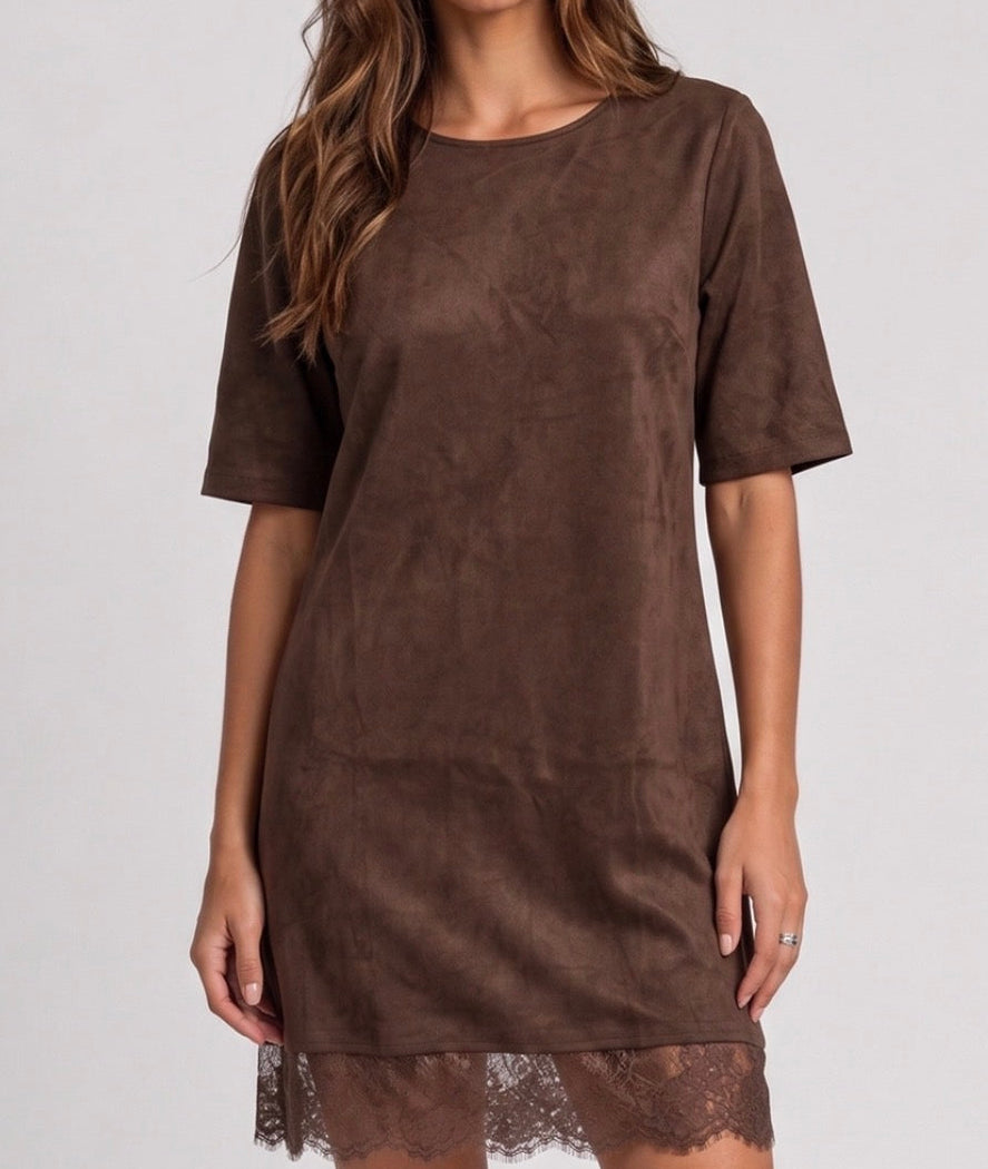 Chocolate suede dress with lace hem