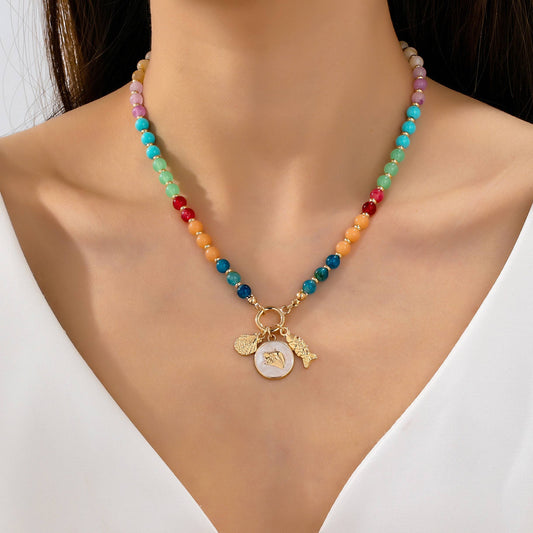 Rainbow Beaded Nautical Charm Necklace