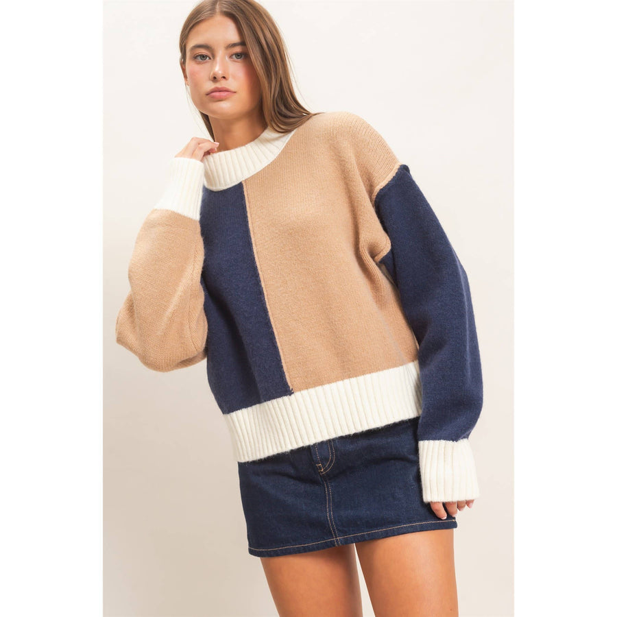 Color Block Mock Neck Sweater