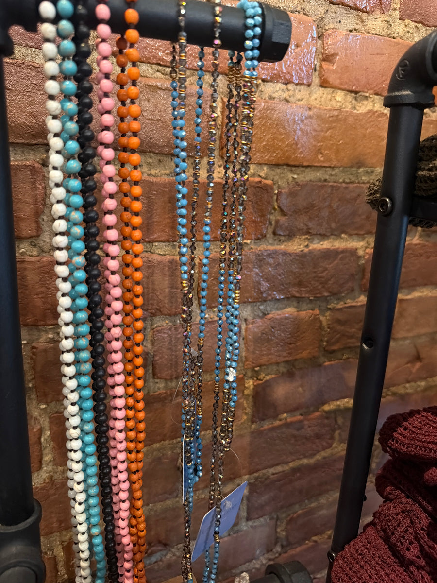 Long iridescent beaded necklace