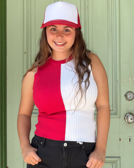 Sleeveless Split Color Rib Knit Sweater Top
