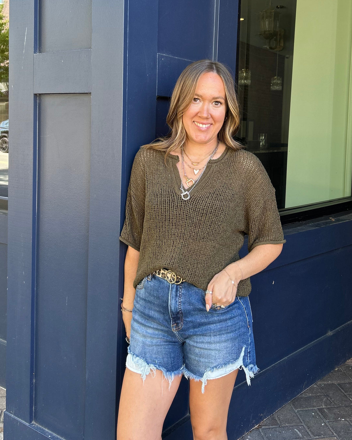 SPLIT NECK SHORT SLEEVE SHEER CROCHET KNIT TOP