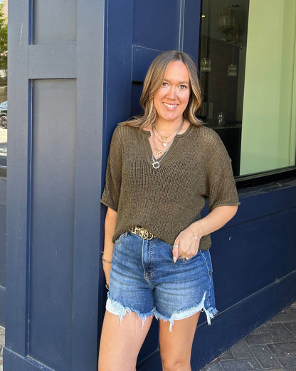 SPLIT NECK SHORT SLEEVE SHEER CROCHET KNIT TOP