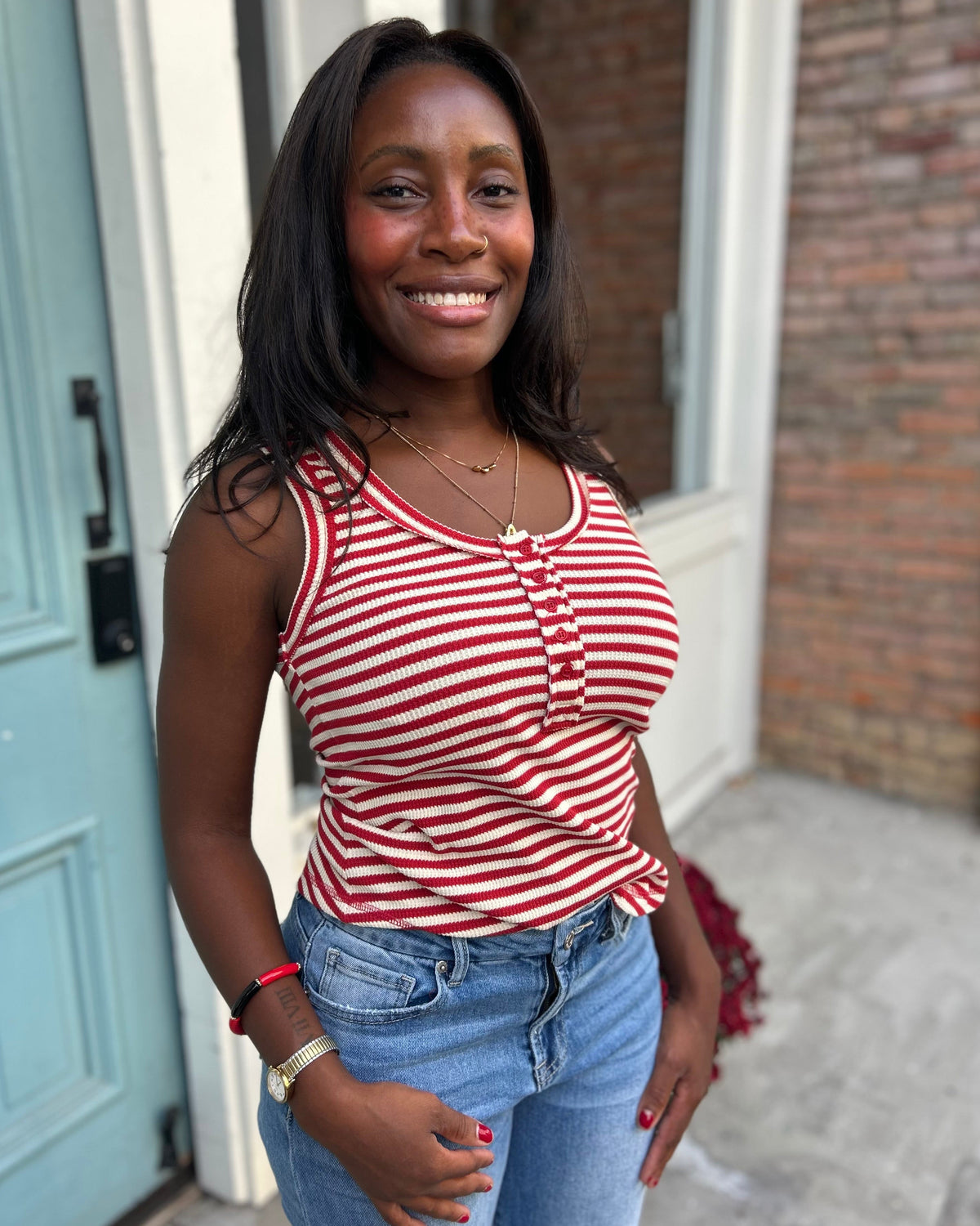 Striped & Solid Button Down Fitted Knit Tank Top