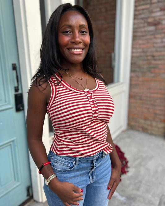 Striped & Solid Button Down Fitted Knit Tank Top