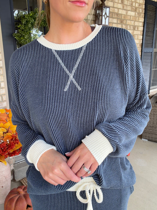 Navy Solid Raised Rib Lounge Top