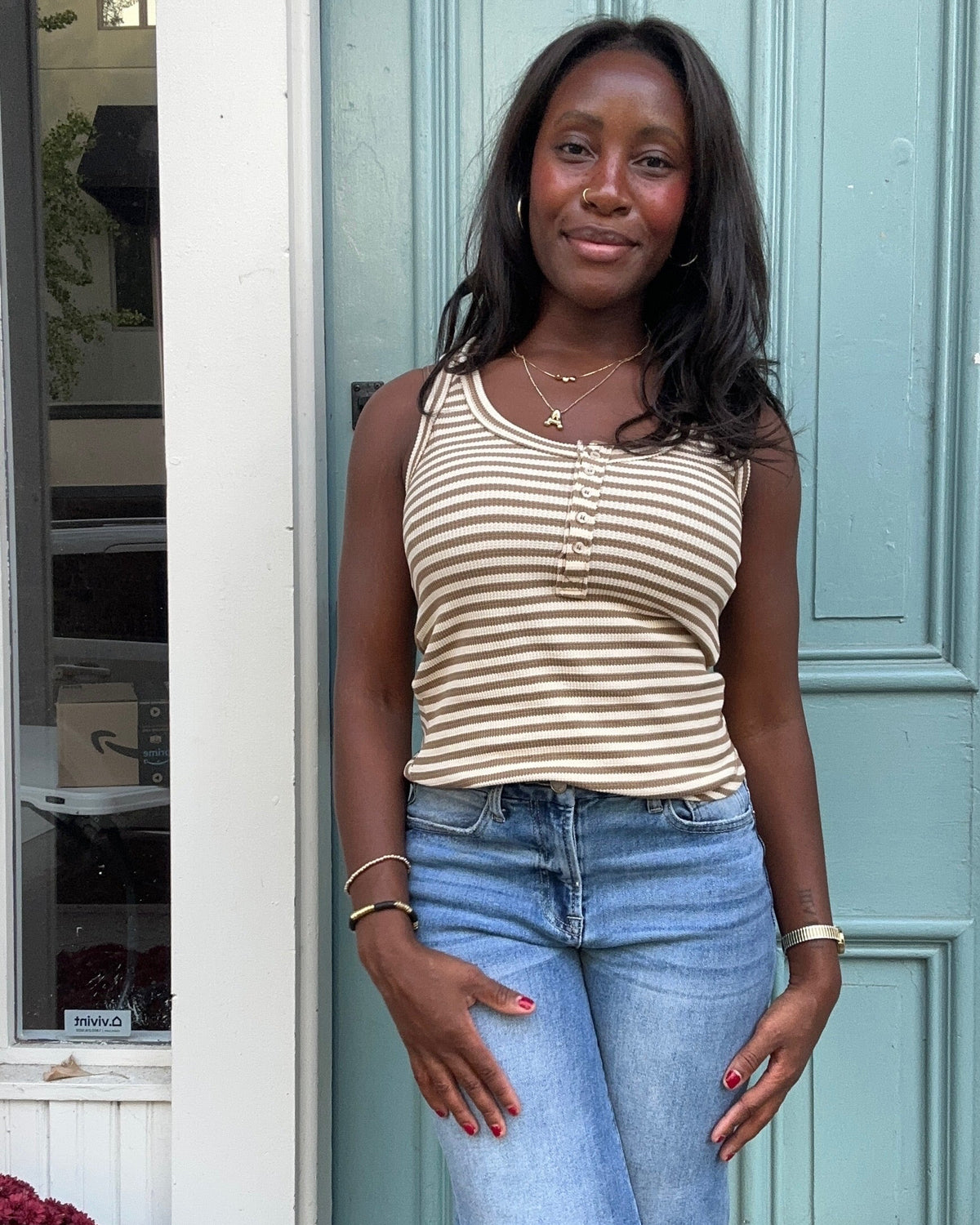 Striped & Solid Button Down Fitted Knit Tank Top