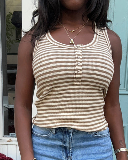 Striped & Solid Button Down Fitted Knit Tank Top