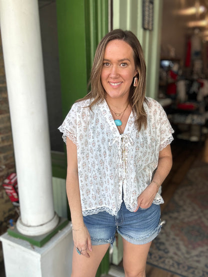 Romantic Floral Lace Tie Blouse