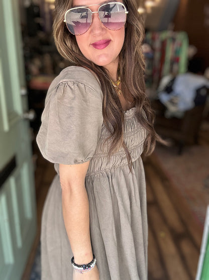 WASHED SMOCKED SHORT PUFF SLEEVE MINI DRESS