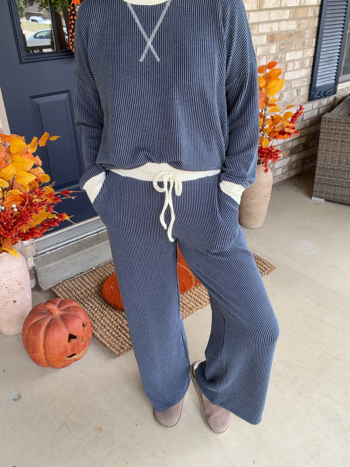 Navy Solid Raised Rib Lounge Pants