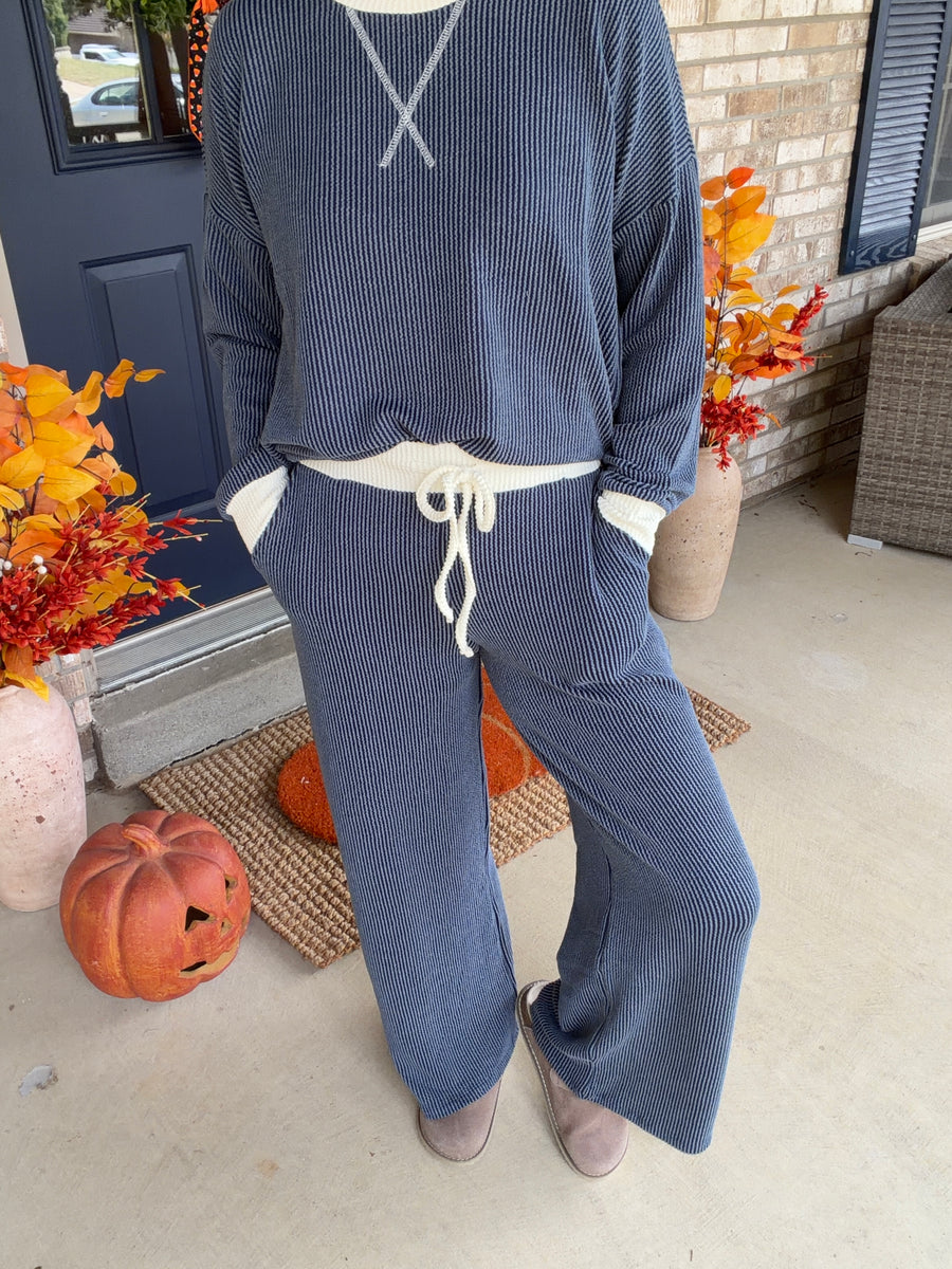 Navy Solid Raised Rib Lounge Pants