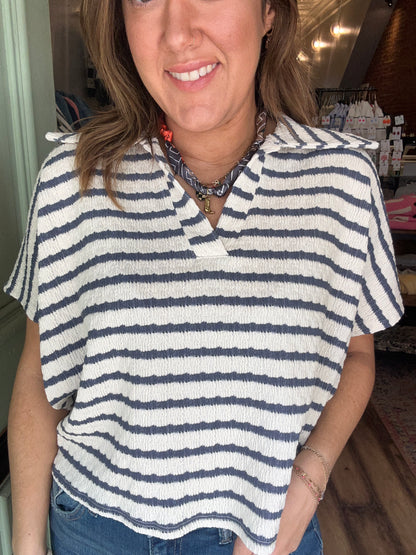 Striped split neck collar top