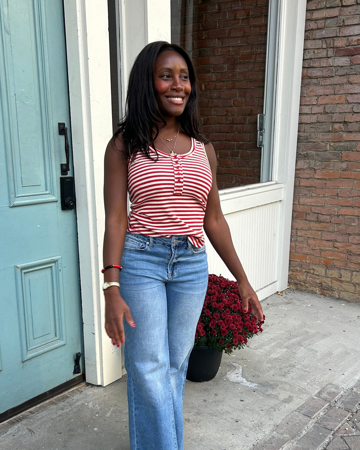 Striped & Solid Button Down Fitted Knit Tank Top