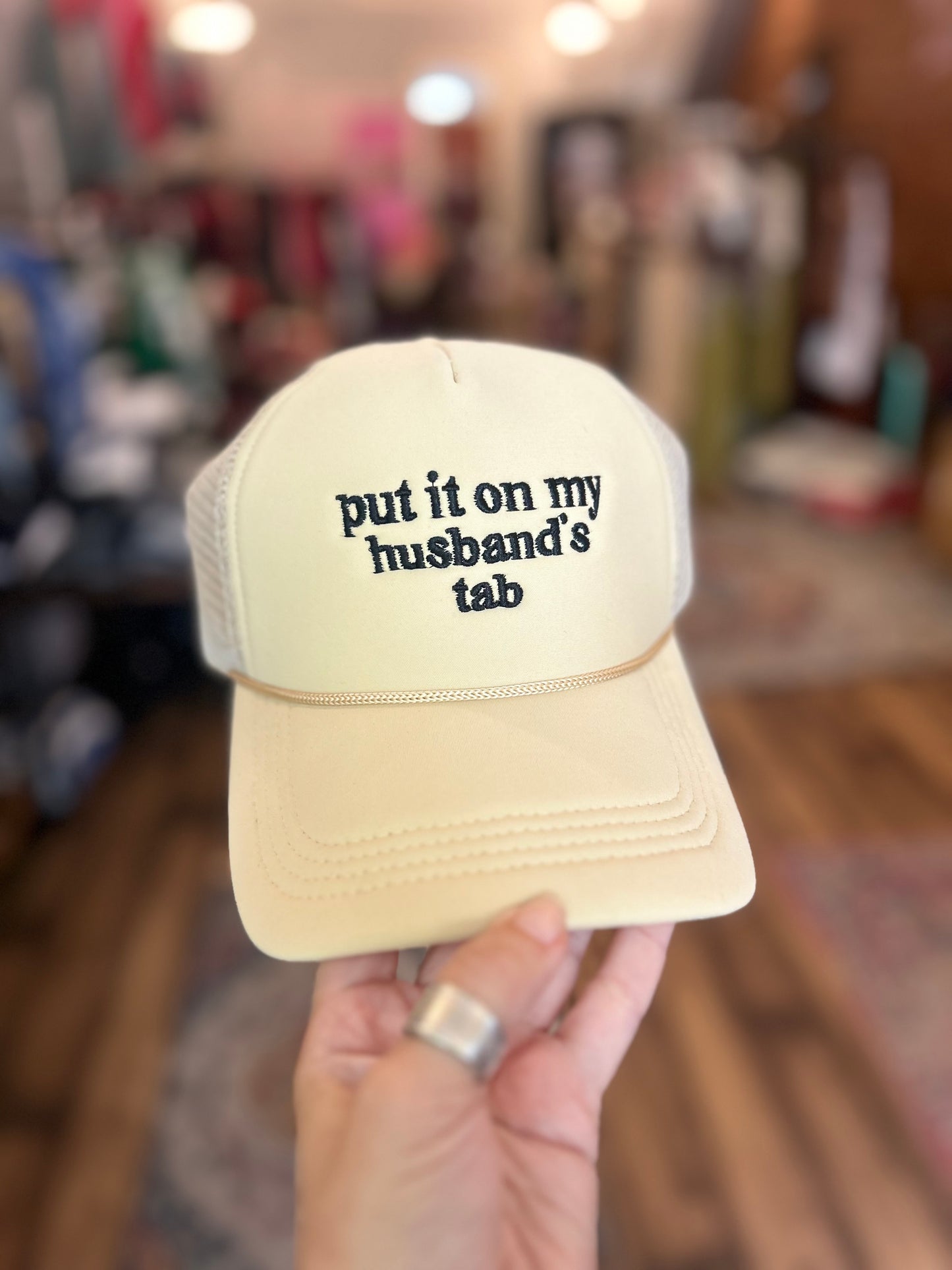 Put It On My Husband's Tab Mesh Trucker Cap