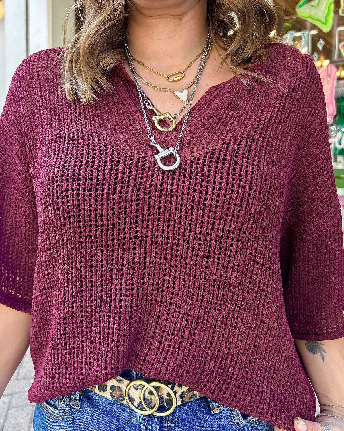 SPLIT NECK SHORT SLEEVE SHEER CROCHET KNIT TOP
