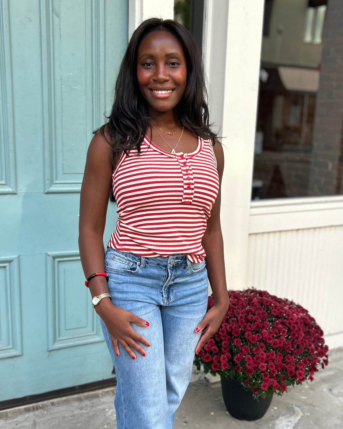 Striped & Solid Button Down Fitted Knit Tank Top