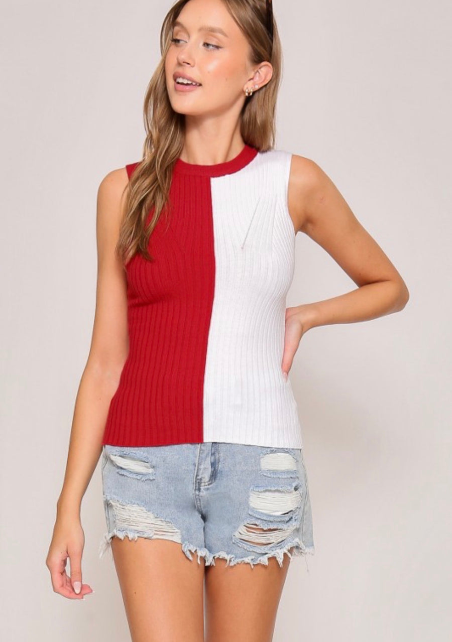 Sleeveless Split Color Rib Knit Sweater Top