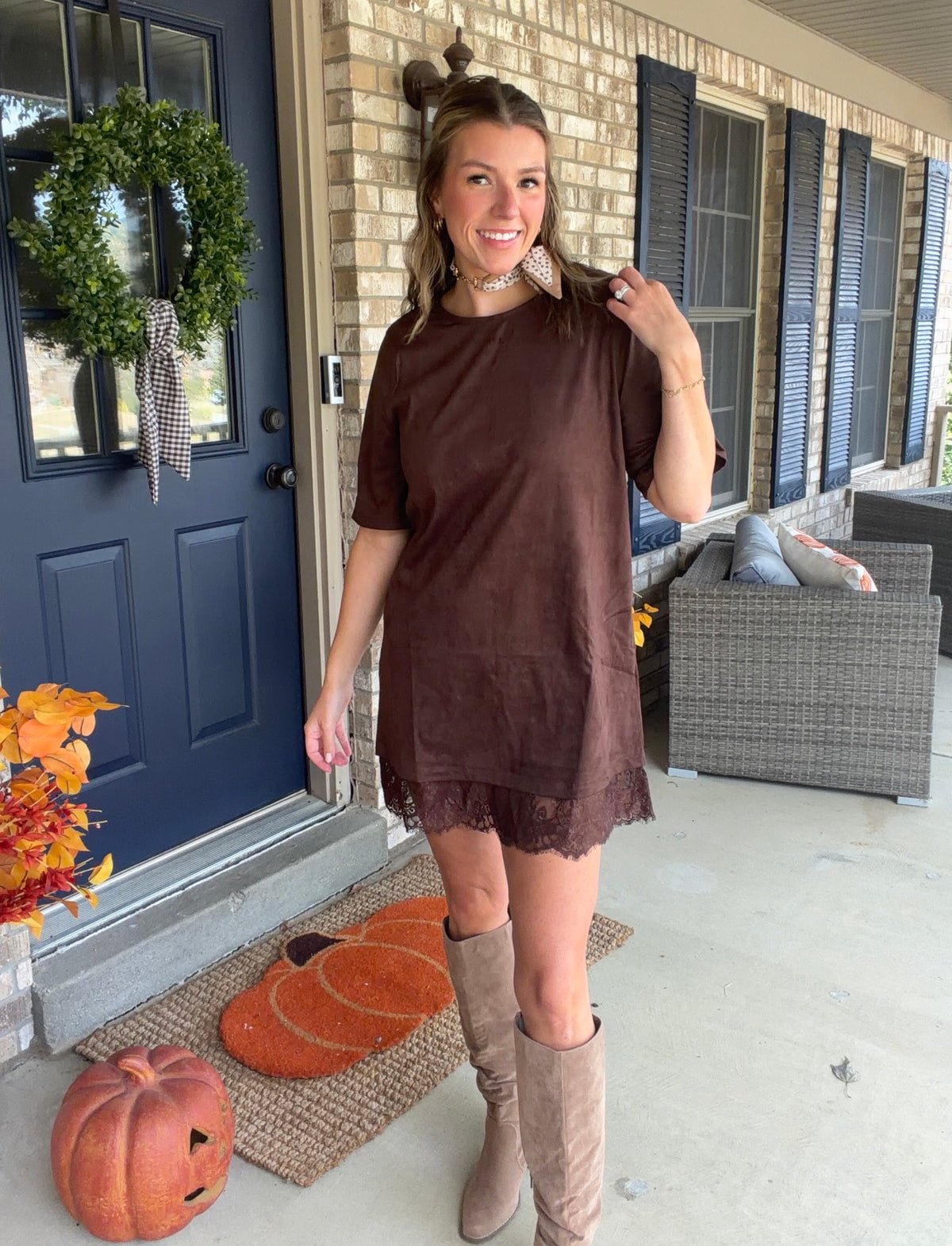 Chocolate suede dress with lace hem