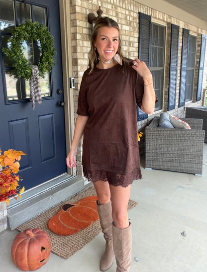 Chocolate suede dress with lace hem