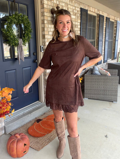 Chocolate suede dress with lace hem