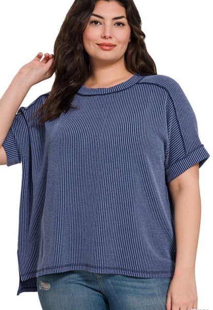Plus Raised Game Day Rib Cuff Sleeve Raw Edge Top