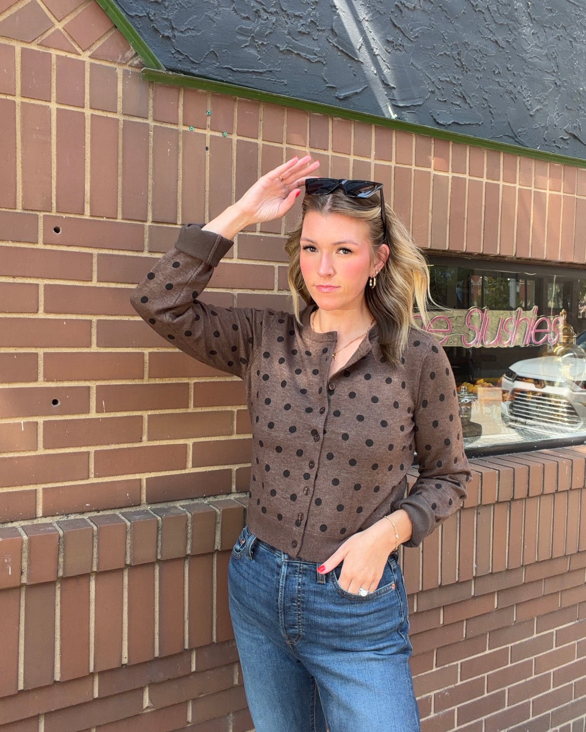Polka Dot Round Neck Button Down Cardigan