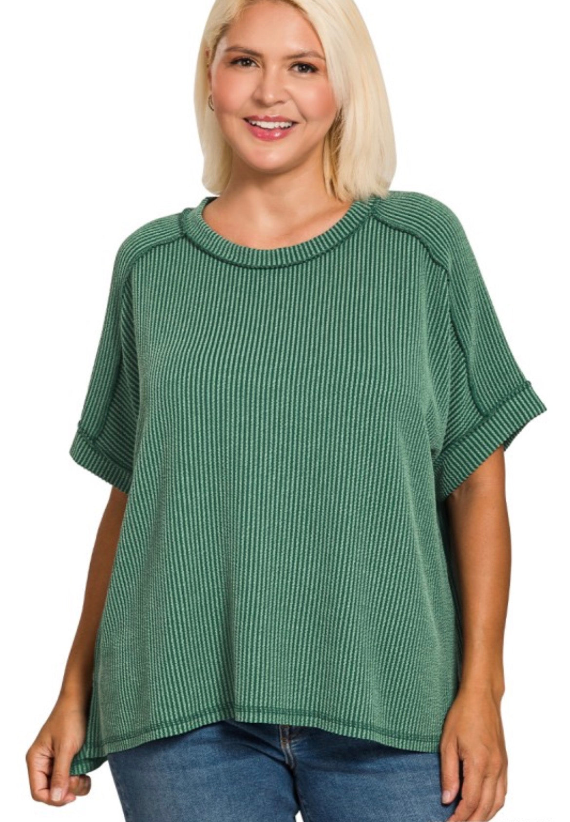 Plus Raised Game Day Rib Cuff Sleeve Raw Edge Top
