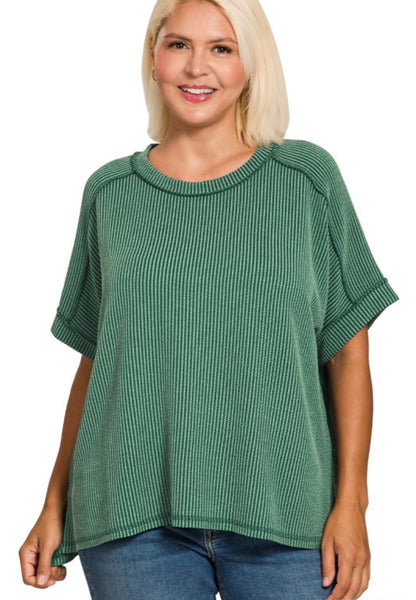 Plus Raised Game Day Rib Cuff Sleeve Raw Edge Top