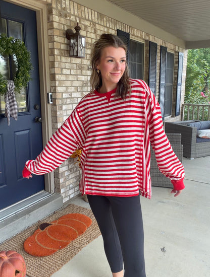 Red/cream striped waffle knit top