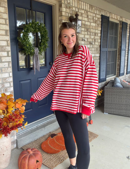 Red/cream striped waffle knit top