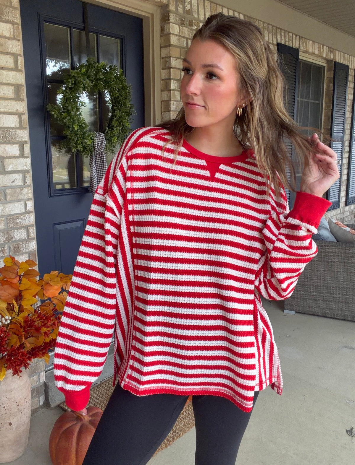 Red/cream striped waffle knit top