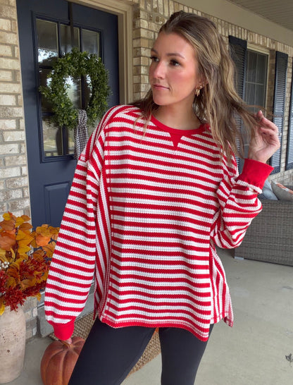 Red/cream striped waffle knit top