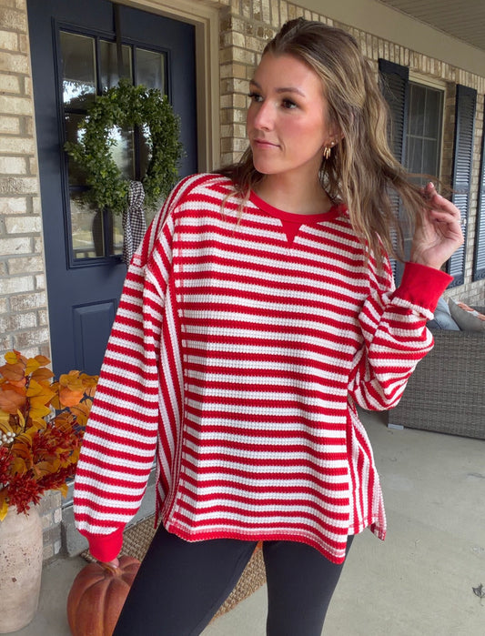 Red/cream striped waffle knit top