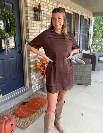 Chocolate suede dress with lace hem