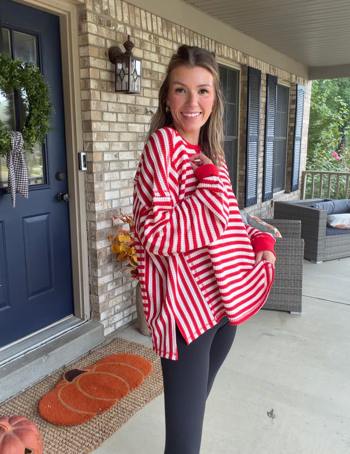 Red/cream striped waffle knit top