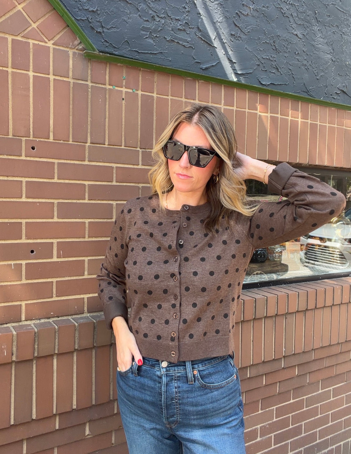Polka Dot Round Neck Button Down Cardigan