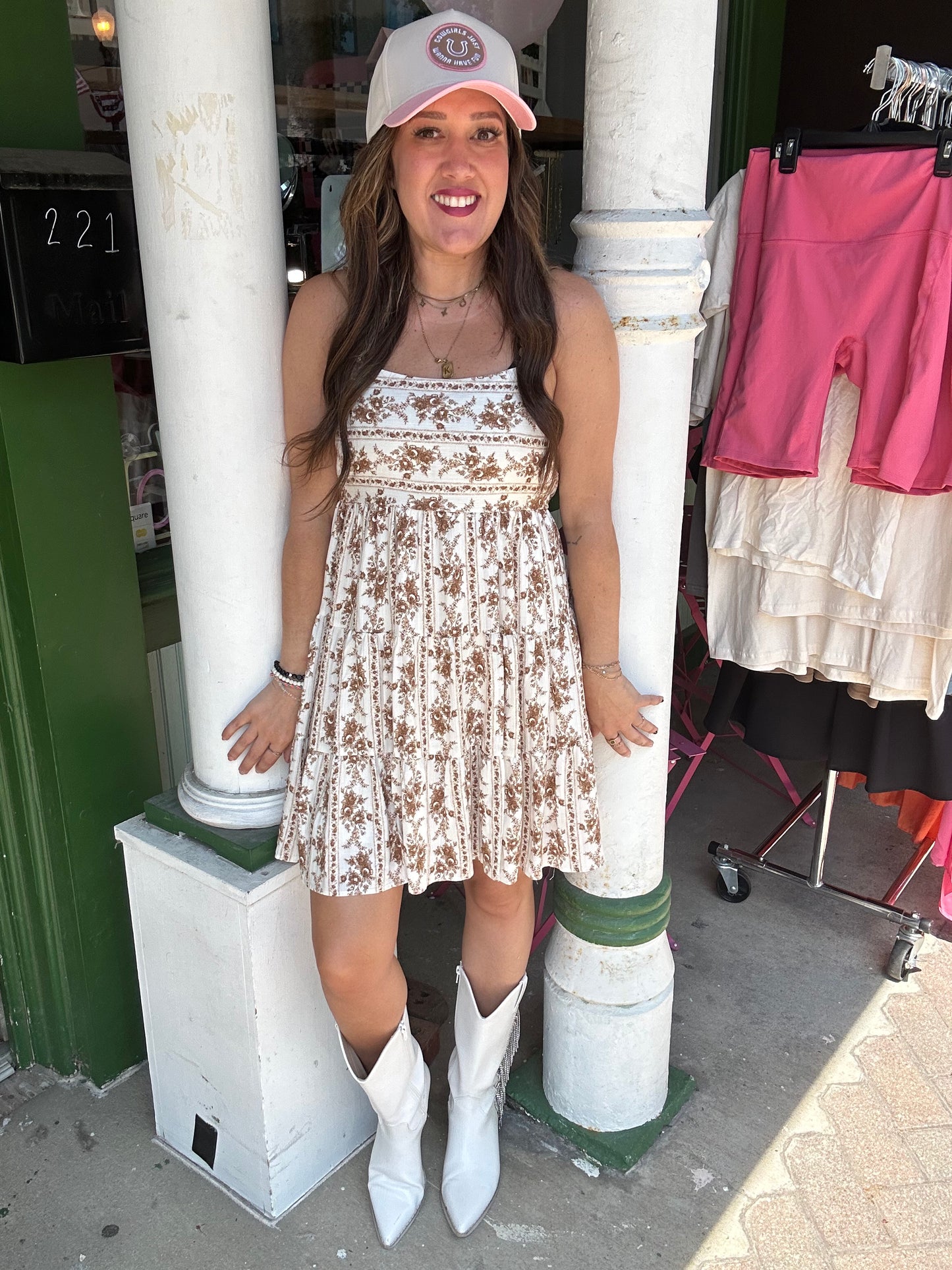 STRIPE FLORAL SLEEVELESS TIERED MINI DRESS