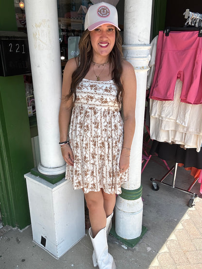 STRIPE FLORAL SLEEVELESS TIERED MINI DRESS